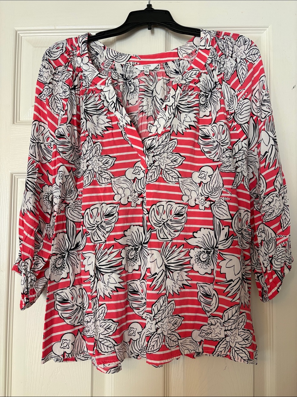 crown & ivy Coral and White Floral Stripe Peasant Top